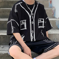 Hehope Summer Elegant Fashion Harajuku Slim Fit Ropa Hombre Loose Casual All Match Sports Suit Ice Shreds Short Sleeve Two Piece Set