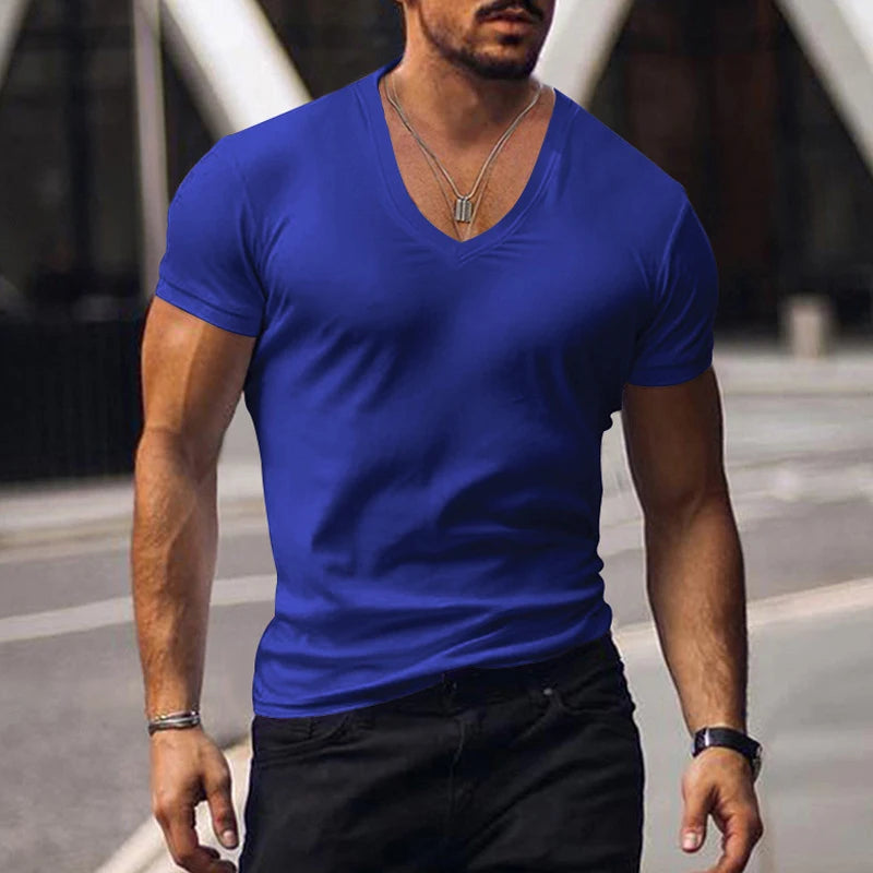 Hehope Casual Short Sleeve V Neck Slim Tee Mens Summer Leisure Pure Color Simple Basic T Shirt Men Clothes Fashion Skinny Tops Pullover