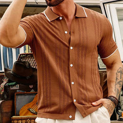 Hehope Retro Striped Knitted Lapel Mens Shirt Short-sleeved Buttoned Knitting Shirts For Men Summer Casual Slim Fit Knit Cardigan Tops