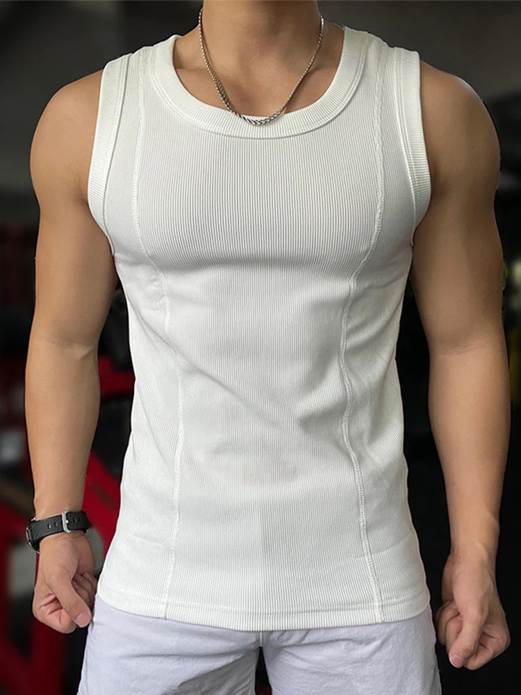 Hehope Casual Simple Solid Color Ribbed Vest Mens Slim O Neck Sleeveless Stretch Tank Top Sports Fitness Men Summer Breathable Camisole