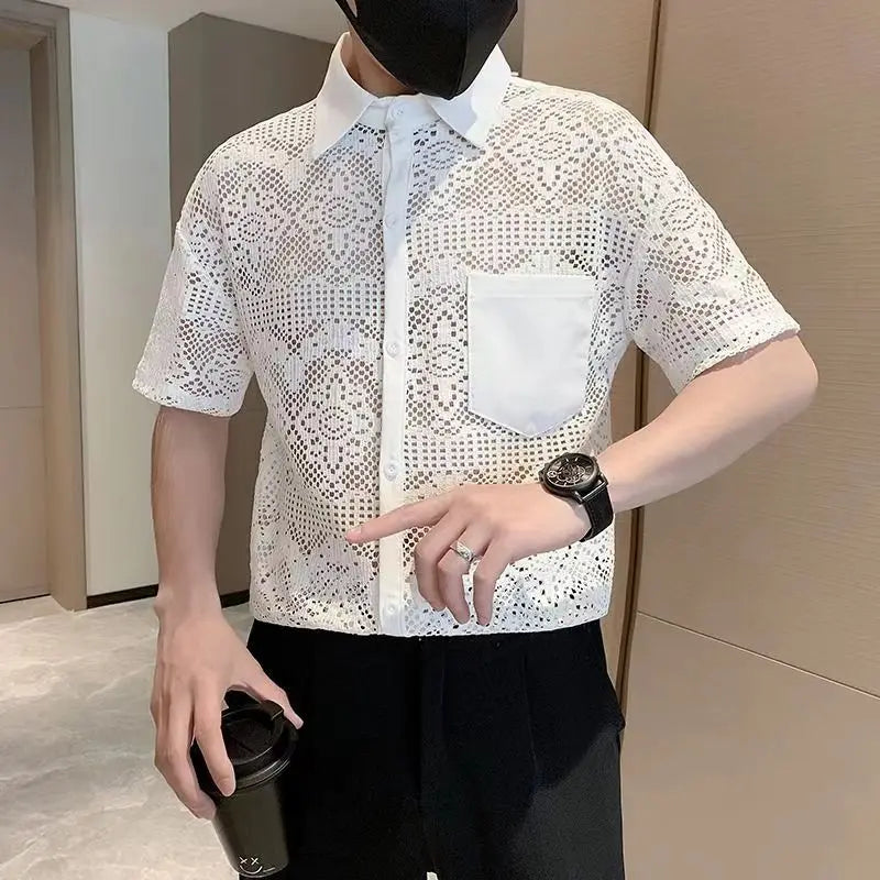 Hehope Summer Fashion Ice Silk Shirts For Men Sexy Lace Breathable Hollow Out Tops Turn-down Collar Pocket Short Sleeved Shirt Male