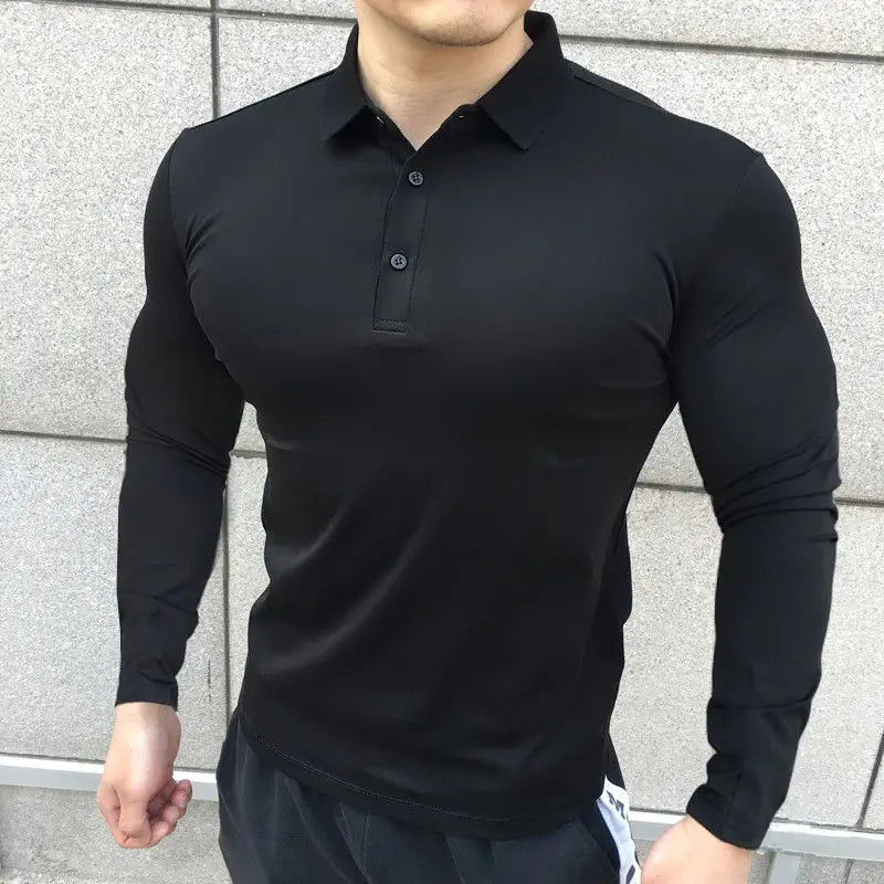 Hehope Korean Autumn Casual Fitness Polo Shirt Men Solid Button Slim Elastic Versatile Sports Breathable Quick Drying Long Sleeved Tops