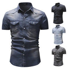 Hehope Summer New Simple Men Denim Shirt Casual Business Mens Short Sleeve Shirts Fashion Polo Collar Male Tops