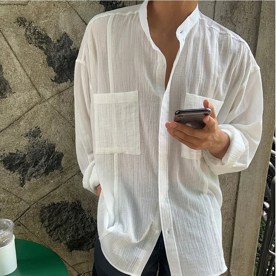 Hehope Beach Long Sleeve Linen Shirt, Men's Solid Color Loose, South Korea Popular Leisure Linen Shirt, Travel & Outdoor Wear