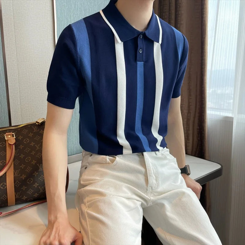 Hehope 2024 Summer Fashion Trend British Style Casual Business Polo Collar Stripe Contrasting Ice Silk Short Sleeved T-shirt for Men