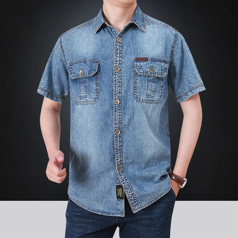 Hehope Summer New Simple Polo Collar Men Denim Short Sleeve Shirt Comfortable Thin Mens Top Casual Loose Male Shirts