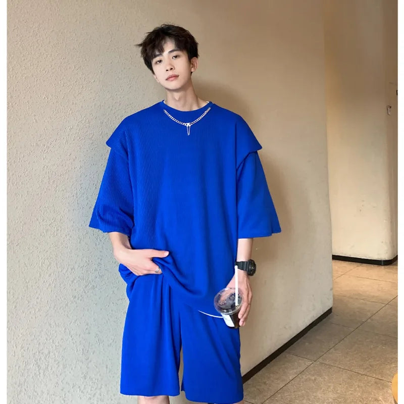 Hehope Summer Ice Silk Set Men Fashion Shoulder Pad Short Sleeved T-shirt/Shorts Mens Two Piece Loose Pleated Set Mens Short Sets M-2XL