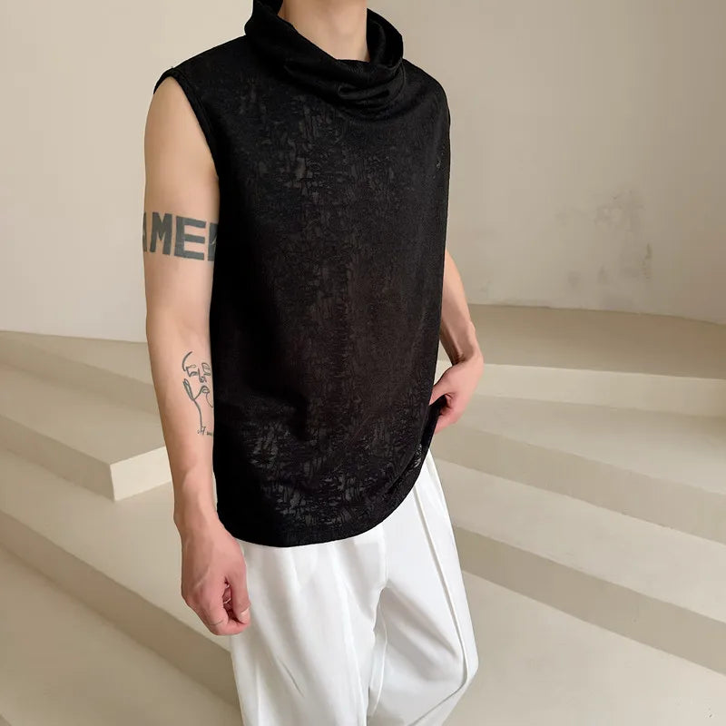 Hehope 2024 Men's Fashion T-shirt Ruffled Collar Sleeveless Tees Chic Tank Top Man Hip Hop Streetwear Summer Pullover Wear