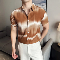 Hehope Gradient Printed Shirt for Men Short Sleeve Casual Shirt Men Clothing Summer Slim Fit Social Party Tuxedo Blouse Streetwear