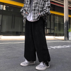 Hehope Japanese Streetwear Corduroy Wide-leg Cargo Pants Men Autumn Retro Hip Hop Trousers Male Joggers Loose Drawstring Casual Pants