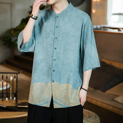 Hehope 2024 New Summer Retro Chinese Style Fashion Trend Stand Up Collar Print Loose Casual Versatile Comfortable Short Sleeved Shirt