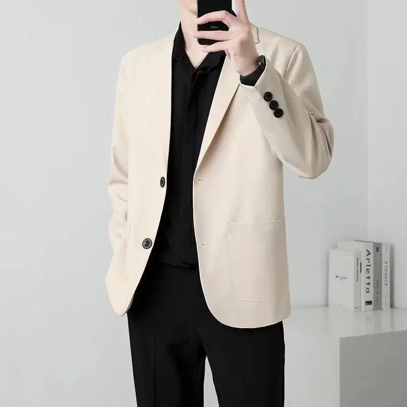 Hehope Men Suit Jackets Blazer Coat Slim Fit Smart Casual Autumn New Fashion Clothing Two Buttons Solid Color Korean Black/Khaki/Coffee