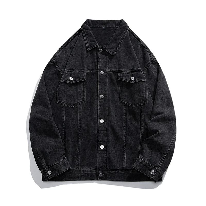 Hehope Men's Loose Casual Denim Jacket Fashion Baggy Classic Jacket Japanese Street Hip-hop Men's Coat Black Blue