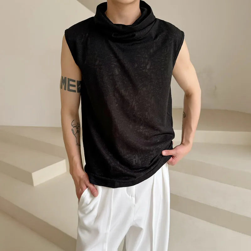 Hehope 2024 Men's Fashion T-shirt Ruffled Collar Sleeveless Tees Chic Tank Top Man Hip Hop Streetwear Summer Pullover Wear