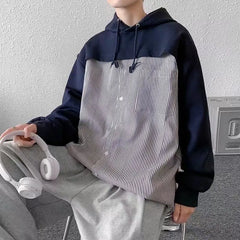 Hehope New Spring and Autumn Fashion Trend Simple and Loose Relaxed Casual Versatile Men's Striped Shirt Panel Hooded Sweater