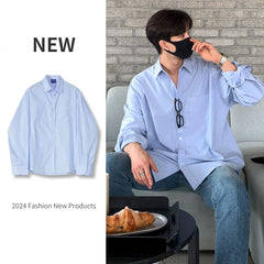 Hehope Korean Version Blue Shirts for Men 2024 Spring New Fashion Lapel Button Long Sleeve Loose High-end Solid Color Men's Shirt