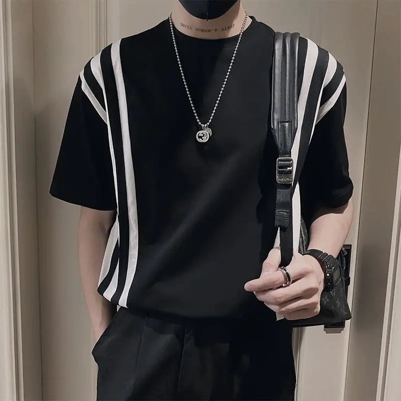 Hehope Men's Clothing Summer Korean High Street Striped Short Sleeve Oversized Streetwear T-shirts Y2K Male Casual Round Neck Tee Tops