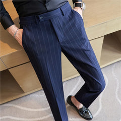 Hehope Men's Striped Suit Pants Elastic Autumn New Social Casual Trousers Slim Fit Suit Pants Business Office Wedding Men Clothing