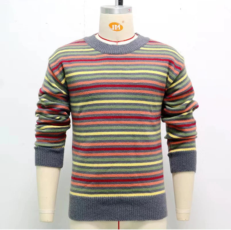 Hehope Autumn Winter Stripe Sweater O-Neck Slim Fit Men’s Retro Knitted Pullover Stitching Color Design Classic Sweaters Men Clothing