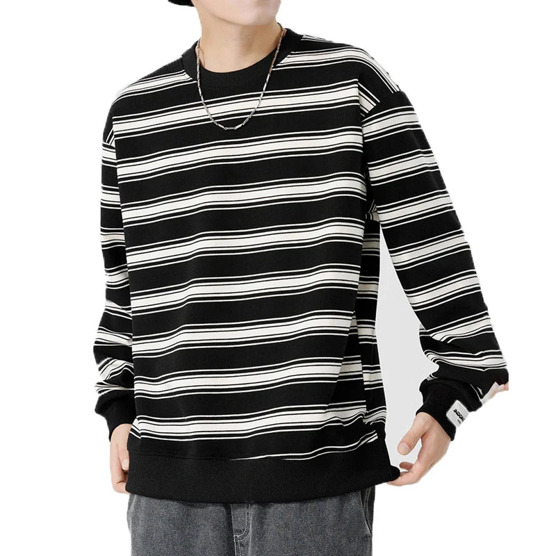 Hehope Brand Black White Striped Sweatshirt Male O Neck 2024 Autumn Winter New Sweatshirt Man Loose Classics Korean Streetwear