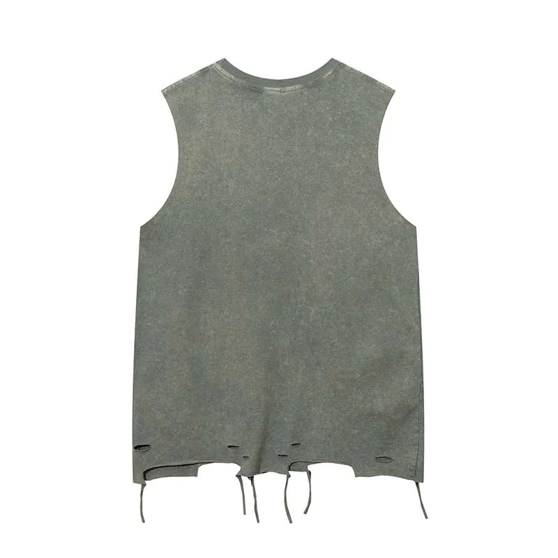 Hehope New Summer Retro Necklace Washed Vest Men's Streetwear Oversized Trendy Hole Sleeveless T-shirt Women Hip Hop Casual Tank Top