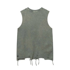 Hehope New Summer Retro Necklace Washed Vest Men's Streetwear Oversized Trendy Hole Sleeveless T-shirt Women Hip Hop Casual Tank Top