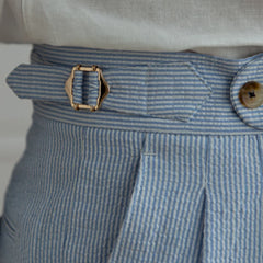 Hehope Summer Seersucker High Waist Straight Pants British Petty Bourgeoisie Blue Stripe Italian Casual Trousers Men Pantalones Hombre