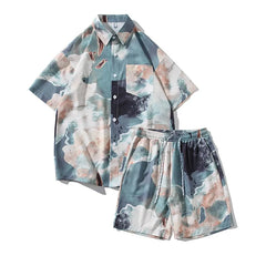 Hehope Summer Men's Two-piece Suit Oversize Shirt and Shorts Graffiti Print Hawaiian Style Outfits Casual Thin Short Sets for Men