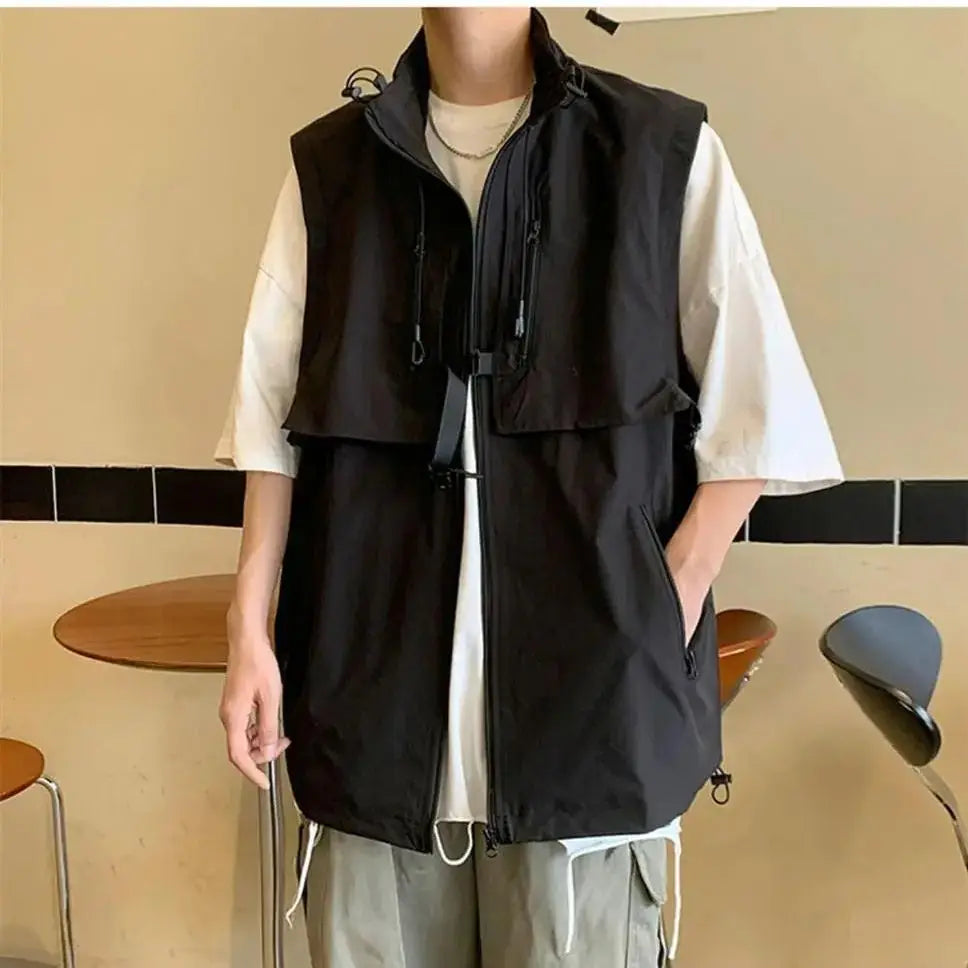 Hehope Zipper Pockets Work Vest Men's Summer Japanese Functional Tide Loose Gangster Handsome High Street Vest Mountaineering Camping