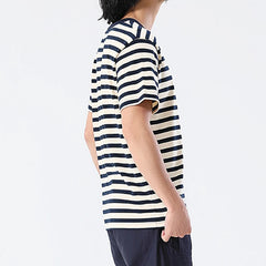 Hehope Thick Heavy T-Shirt Men Summer New Casual Cotton Round Neck Sea Soul Shirt Vintage Striped Short-Sleeved Tshir