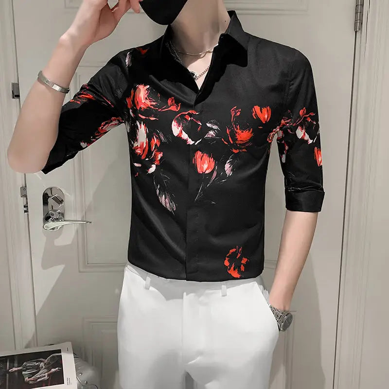 Hehope 2024 Men's Summer New Patchwork Turndown Collar Button Printed Fashion Slim Fit Comfortable Versatile Casual Long Sleeved Shirts