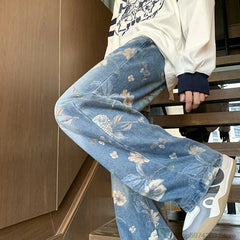 Hehope 2024 Mens Fashion Floral Printed Jeans Korean Style Autumn Denim Pants High Street Loose Trousers Hip Hop Wide-leg Jean Pants