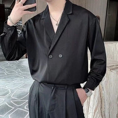 Hehope 2024 Spring and Autumn Fashion Advanced Loose Casual Business Flip Collar Double Breasted Buckle Solid Color Long Sleeved Shirt