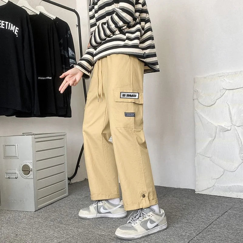 Hehope Spring Autumn Casual Print Patchwork Cotton Wide Leg Pants Man Loose Y2k Pocket Hip Hop Cargo Straight Male Trousers Streetwear