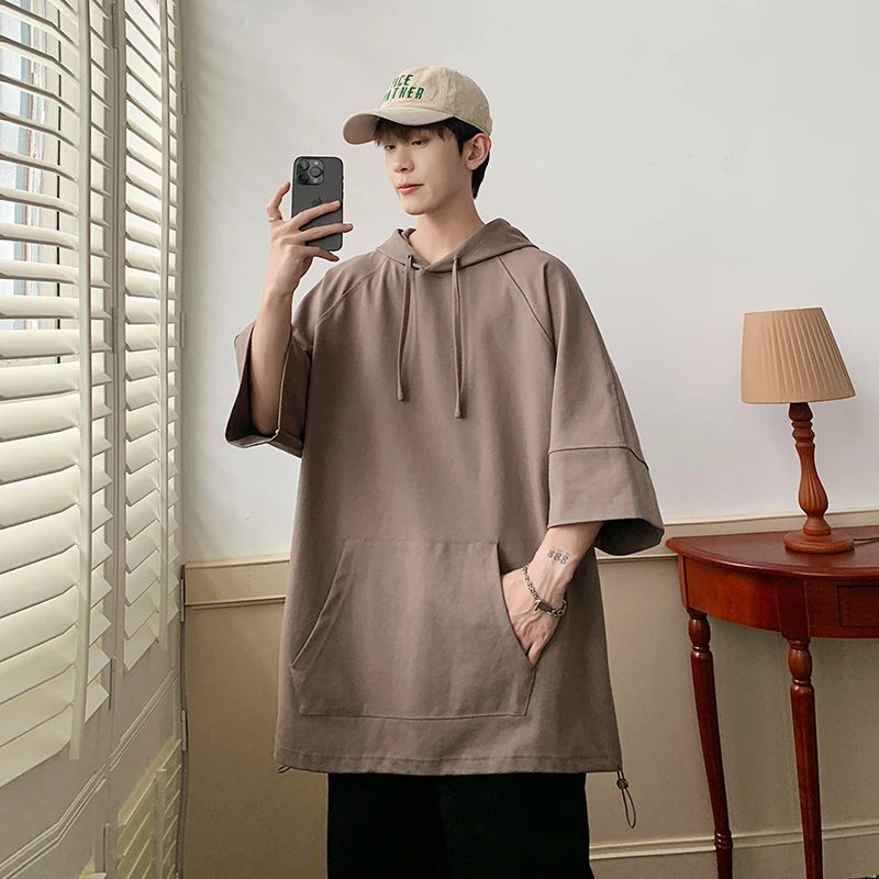 Hehope Solid Color Hooded T shirt Men Summer Korean Short Sleeve Pullover Loose Casual T-shirt Streetwear Drawstring Tops Men Clothing