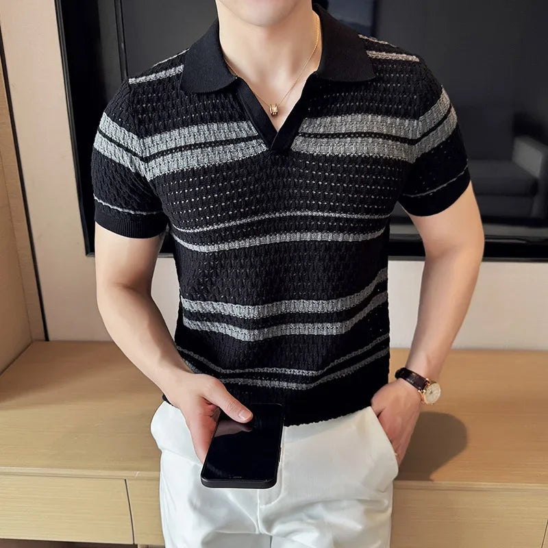 Hehope Men Polo Shirt 2024 Summer New Thin Knitted Striped Jacquard Patchwork Color Short Sleeved Casual V-neck T-shirt Men Clothing