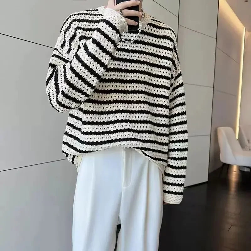 Hehope Stripe Knit T Shirts for Men Japan Korean Male Tops Luxury 90s Vintage Pullover F Polyester Elasticity Autumn New A Clothes