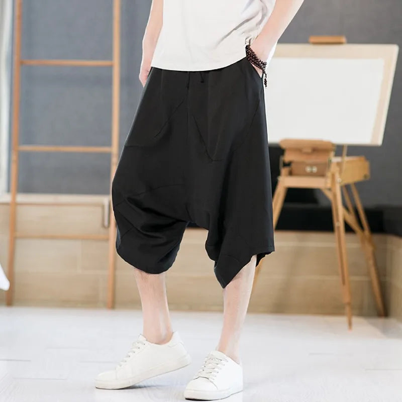 Hehope Summer Oversized Casual Shorts Men Deep Crotch Black White Cross-pant Drawstring Thin Light Japan Style Clothing Big Size