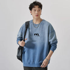 Hehope Autumn and winter new big size men's cotton wash water round neck hoodie loose all over dyed wash gradient top