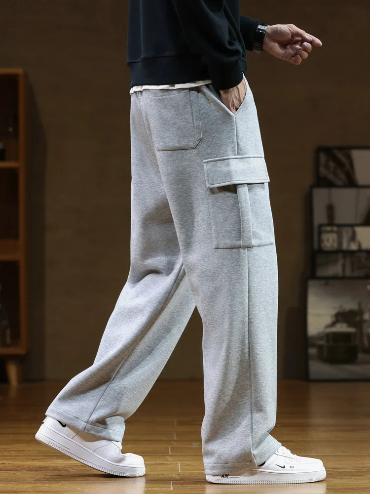 Hehope Autumn New Sweatpants Men Multi-Pockets Drawstring Cotton Casual Track Pant Male Loose Straight Trousers Large Size 8XL