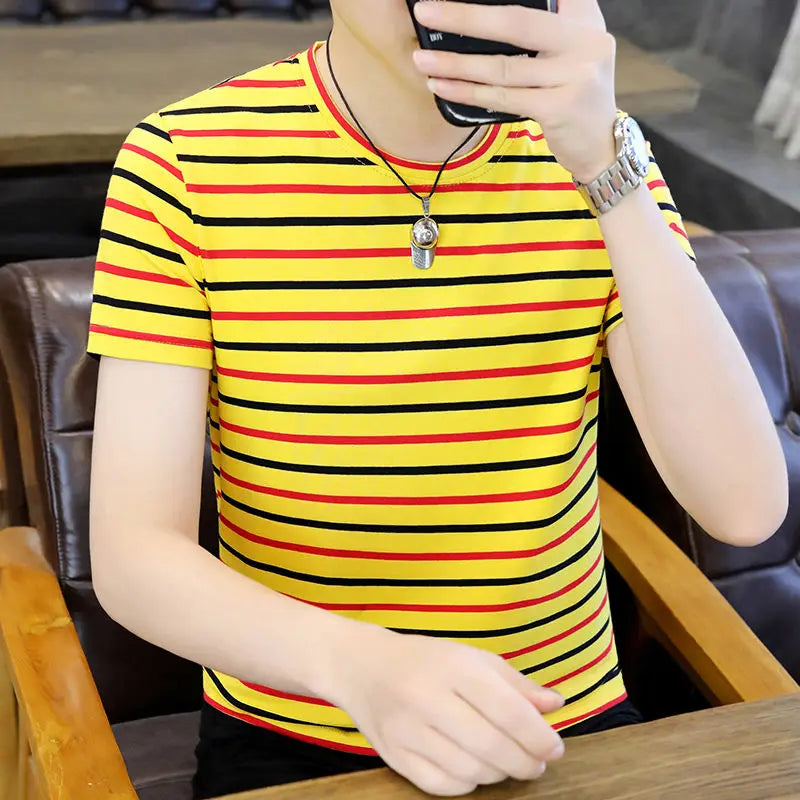 Hehope Men's 2024 Summer New Pullover O-Neck Patchwork Stripe Fashion Comfortable Slim All Match Business Casual Short Sleeved Tops