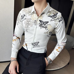 Hehope Fashion Butterfly Printed Shirt for Men Summer Long Sleeve Casual Shirts Streetwear Social Party Nightclub Camisa Masculina