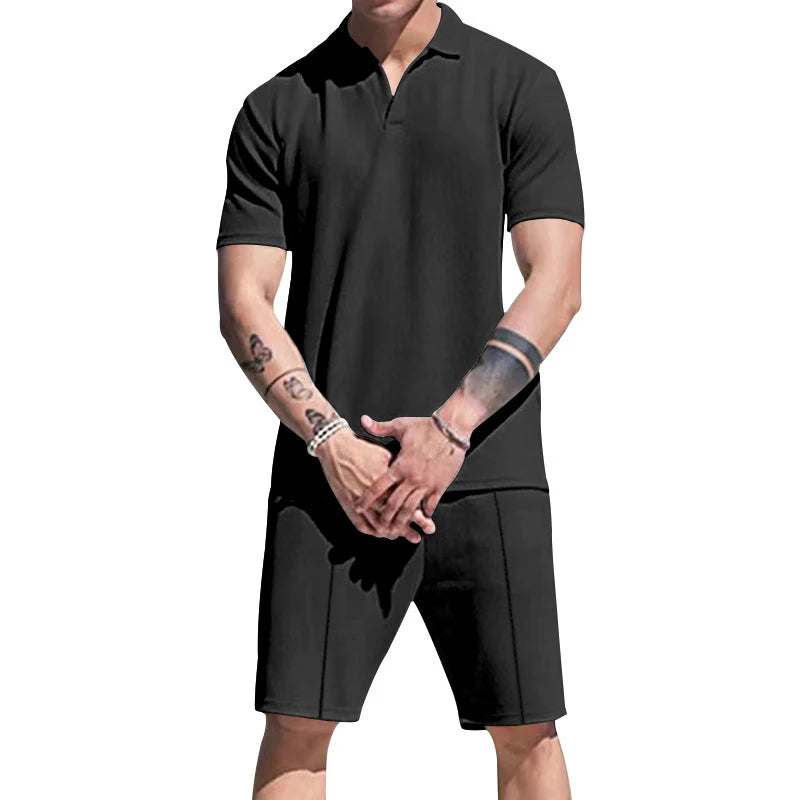 Hehope 2024 Summer Mens Two Piece Sets Casual Solid Color Loose Short Sleeve Turn-down Collar Tops And Shorts Suits Men Leisure Outfits