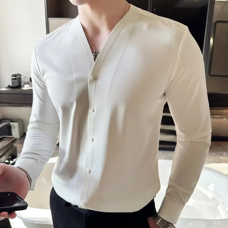 Hehope High-quality Waffle Shirt for Men Long Sleeve V-neck Casual Slim Business Formal Dress Shirts Social Banquet Tops Men Clothing