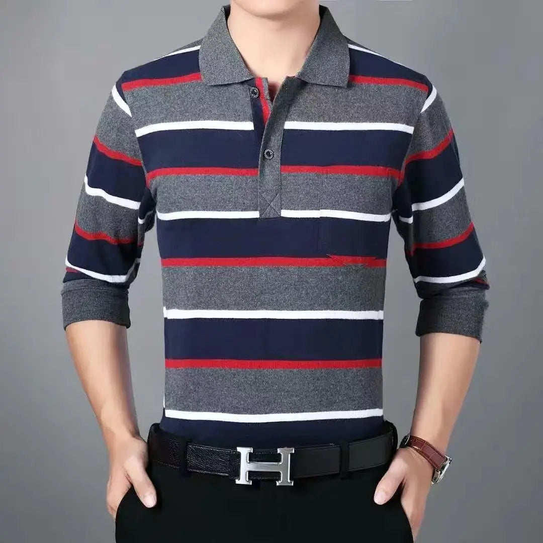 Hehope Fashion Men New Business Striped Polo Shirts Korean Spring Autumn Casual Long Sleeve Lapel Pockets Male Clothes Cotton Tops