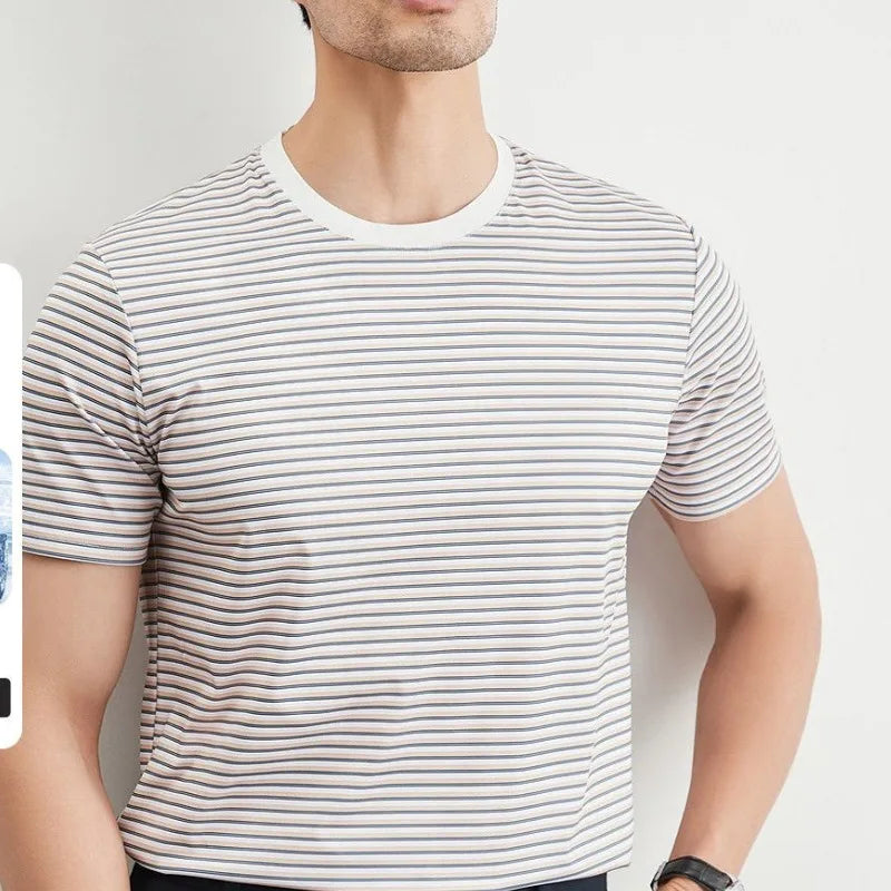 Hehope Fashion Casual New Summer T-Shirts Men Round Neck Striped Ice Silk Fabric Anti Pilling Trend Versatile Short Sleeve Slim Tops