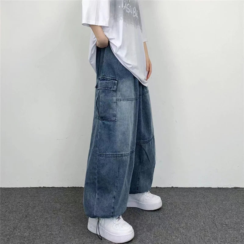 Hehope Autumn Harajuku Fashion Retro High Street Hip hop Pants Straight Wide Leg Pants Women Casual Loose Big Pockets Cargo Jeans