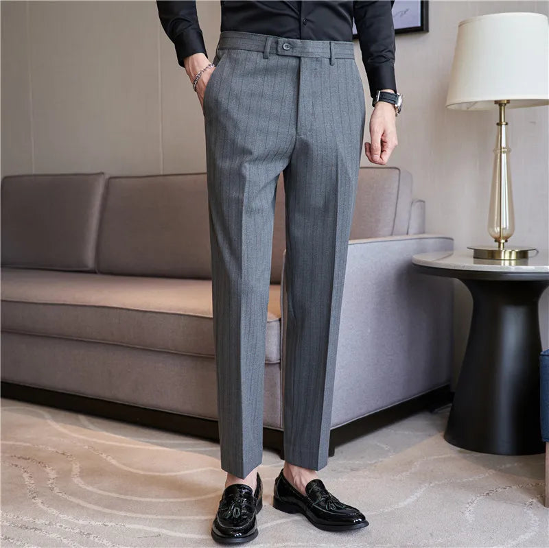 Hehope Men Striped Suit Pants Autumn New Casual Straight Formal Dress Trousers Slim Fit Pantalon Homme Wedding Party Men Clothing