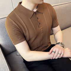 Hehope Summer Knitted Striped Polo Shirt Men Short Sleeve Ice Silk Lapel T-shirt Fashion Business Slim Social Tops Streetwear