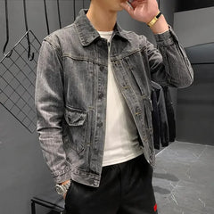 Hehope Male Jean Coats Gray Button Men's Denim Jacket Slim Fit Clothing Original Size L Korean Popular Clothes Winter Outerwear Trendy